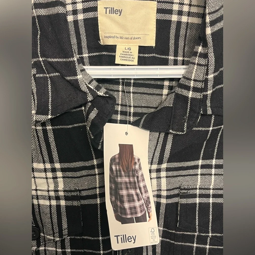 Tilley Black and White Plaid Button Up Jacket/Shirt Flannel NEW with tags Size L - Picture 5 of 7